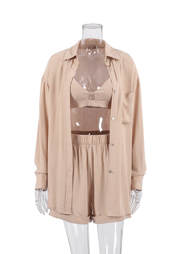 2023 Summer Europe and the United States underwear three-piece sexy hollow cotton silk robe slit comfortable shorts ladies homewear