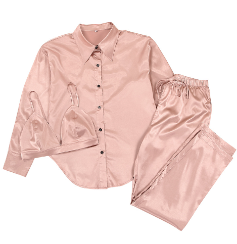 2023 summer new collar shirt satin sateen camisole underwear pants three-piece European and American pajamas homewear