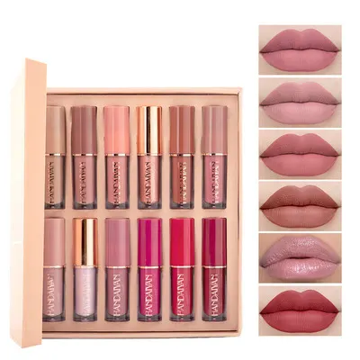 HANDAIYAN 12 Color Book Lip Gloss Set Matte Shimmer Non-Sticky Cup Lip Glaze Lipstick
