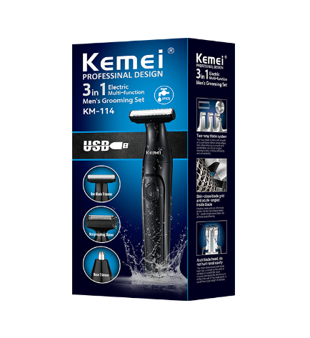 Washable Design 3 In 1 Men Personal Groomer Set Kemei Km-114 Dry and Wet USB Charging Waterproof 3 In 1Mens Shaver