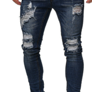 New style cross-border trade distressed black slim-fit men’s jeans, trendy ripped, small-foot denim trousers for men.