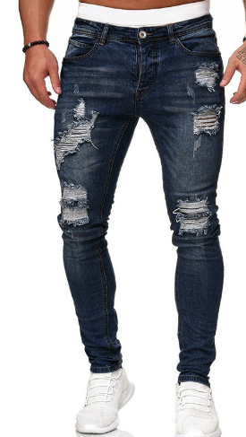 New style cross-border trade distressed black slim-fit men's jeans, trendy ripped, small-foot denim trousers for men.