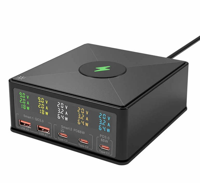 868H 160W 5-Port USB PD Charger Dual USB-A QC3.0+Dual PD65W Type-C+65W Type-C PD3.0 with 15W 10W 7.5W 5W Wireless Fast Charger