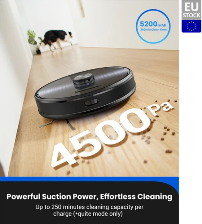 Proscenic M9 Robot Vacuum Cleaner Laser Navigation 4500Pa Suction Dual Rotation Mops Carpet Detection 2.5L Dust Bag 5200mAh Battery Max 250 Mins Runti