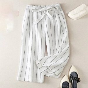Striped thin 100% linen relaxed casual pants