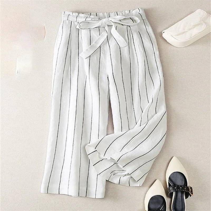 Striped thin 100% linen relaxed casual pants