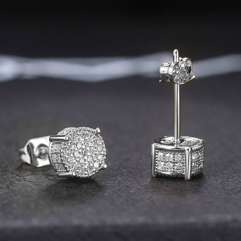 Explosive full diamond hip hop men's earrings micro-bezel set zirconia plating round earrings