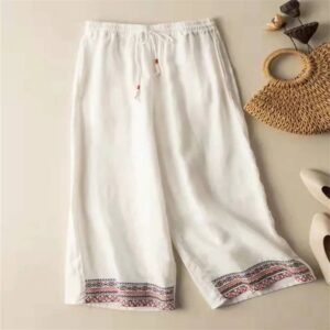 Cotton and linen embroidered hanging wide-legged pants