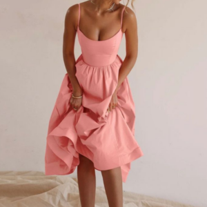 2023 new Europe and the United States women’s pure color V-neck pleated waisted swing sexy halter dresses