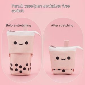 Korean creative cute milk tea drop-down pen bag can stand retractable round cute cartoon pen holder storage