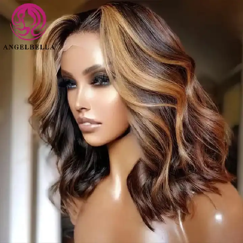 Highlight HD Wigs Human Hair Lace Front Shoulder Length Piano Color Curly Bob Wig Highlight Body Wave Bob Wig
