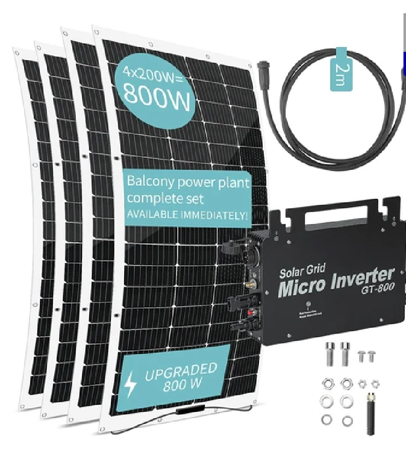 Power Plant with 4 x 200W Flexible Solar Panels, 800W Solar Grid Micro Inverter, 23% Solar Conversion Efficiency, 99.80% Static MPPT Efficiency, WiFi