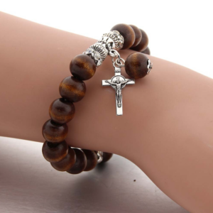 Couple Wooden Beads Elastic Cord Bracelet Alloy Cross Beads