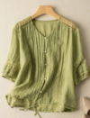 Pure Color V Neck 3/4 Sleeve Casual Linen Top