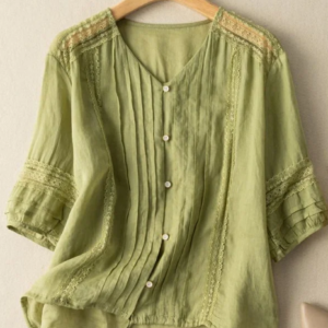 Pure Color V Neck 3/4 Sleeve Casual Linen Top