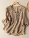Embroidered V Neck 3/4 Sleeve Casual Linen Top