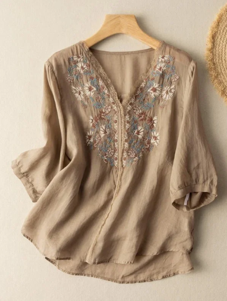 Embroidered V Neck 3/4 Sleeve Casual Linen Top