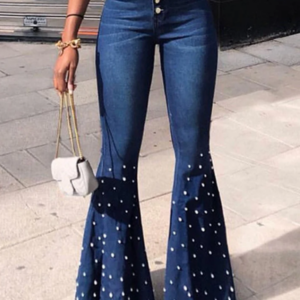 Fashion Plain Pearl Decor High Waist Flare Leg Denim Pants