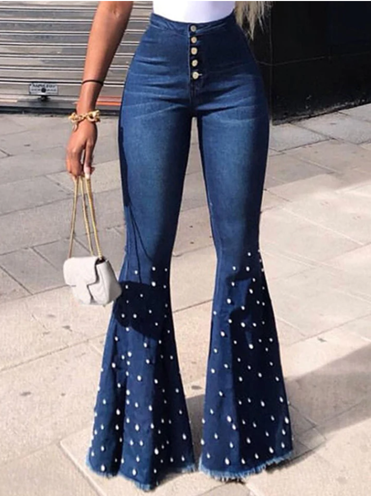 Fashion Plain Pearl Decor High Waist Flare Leg Denim Pants