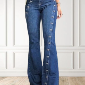 Fashion Plain Button Decor Flare Leg Long Denim Pants