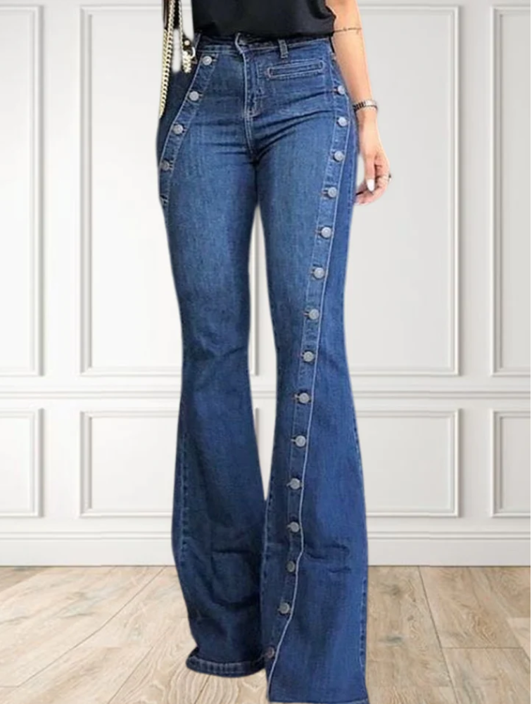 Fashion Plain Button Decor Flare Leg Long Denim Pants