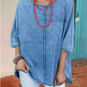Casual Plain Half Sleeve Spliced Denim Loose Shirt