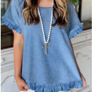 UR Casual Plain Crew Neck Short Sleeve Ruffle Hem Shirt