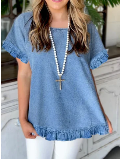UR Casual Plain Crew Neck Short Sleeve Ruffle Hem Shirt