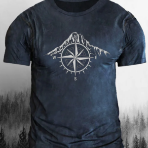 Men’s T-Shirt with Mountains and Compass Print