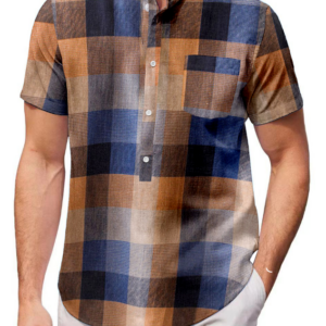Casual Plaid Short Sleeve Shirt in Men’s Cotton Linen