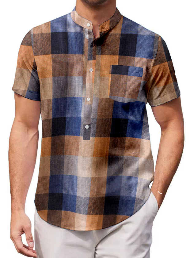 Casual Plaid Short Sleeve Shirt in Men's Cotton Linen