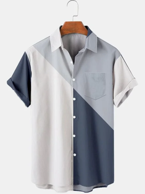 Elegant Cotton-Blend Blue Geometric Shirts and Tops