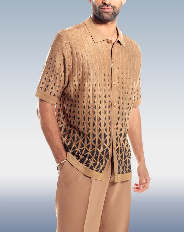 Short Sleeve Set: Cafe Print Walking Suit in Criss-Cross Design