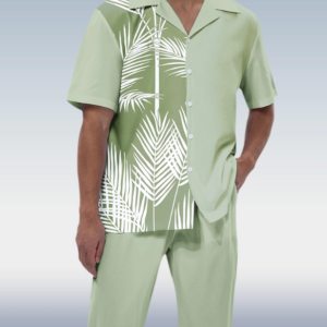 Men’s Short Sleeve Hiking Suit with Green Leaf Print