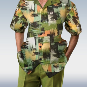 Green Checked Two-Piece Short Sleeve Suit for Walking – 009