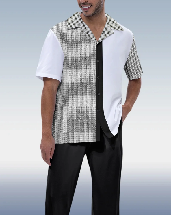 Black Vertical Colorblock Short Sleeve Walking Suit for Men