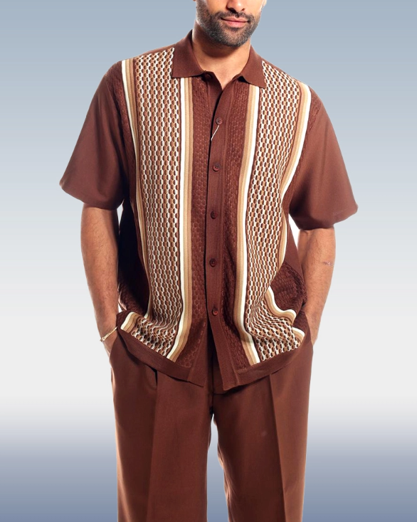 Brown Walking Suit Set with Criss Cross Pattern, Short Sleeve