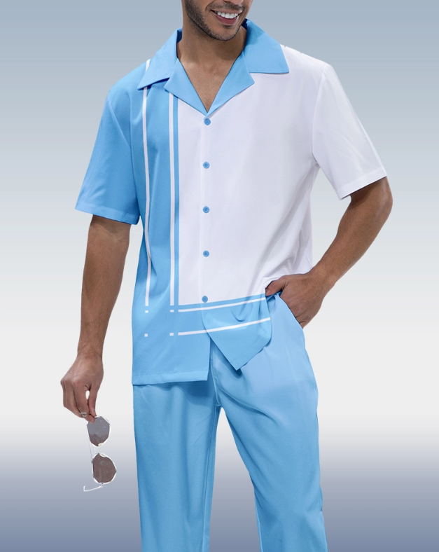 Blue Patterned Short Sleeve Walking Suit