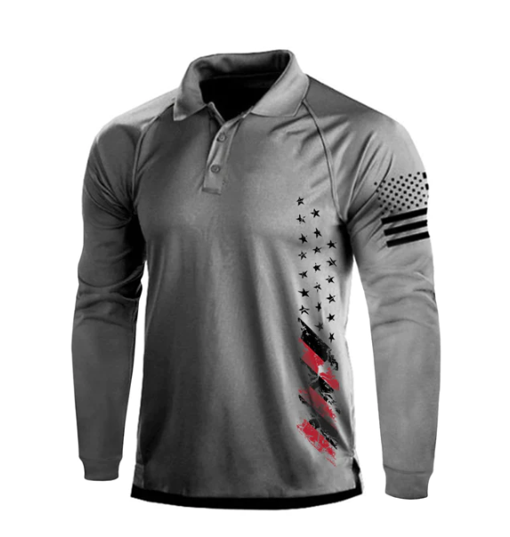 American Flag Grey Long Sleeve Polo Shirt