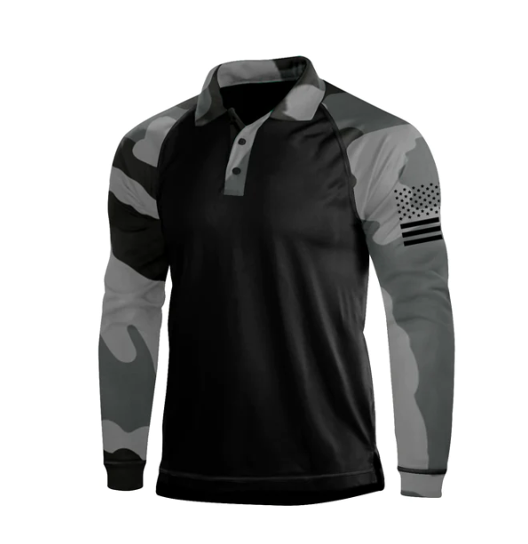 GREY CAMO PATCHWORK RAGLAN LONG SLEEVE POLO SHIRT