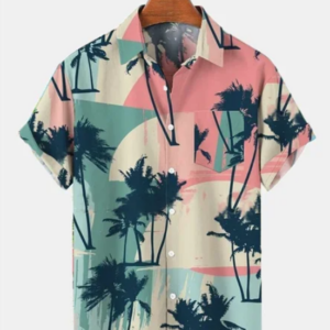 Men’s 50’s Vintage Casual Hawaiian Shirts Palm Tree Seersucker Wrinkle Free Tops