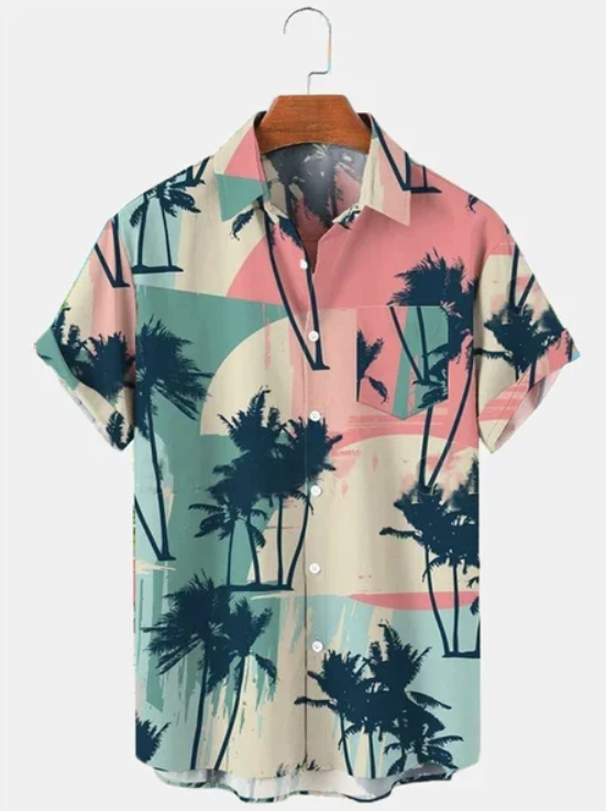 Men's 50's Vintage Casual Hawaiian Shirts Palm Tree Seersucker Wrinkle Free Tops