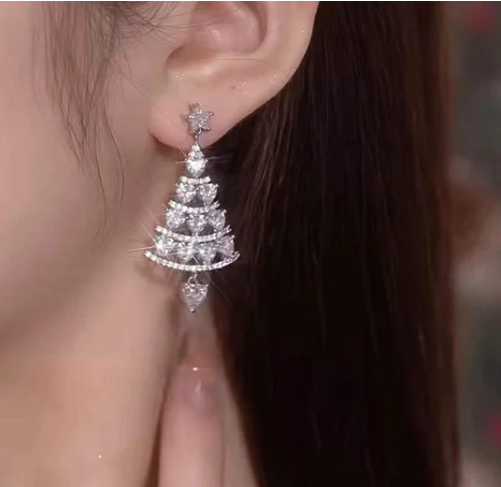 Exquisite Zircon Christmas Tree Stud Earrings for Women Girls Shiny Rhinestone Crystal Drop Earring Christmas New Year Gift
