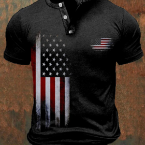 Men’s Vintage Flag Print Casual Button Polo Shirt