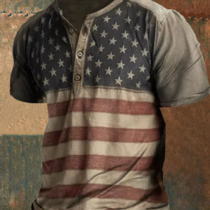 Men’sVintage American Flag Print Henley Collar T-Shirt