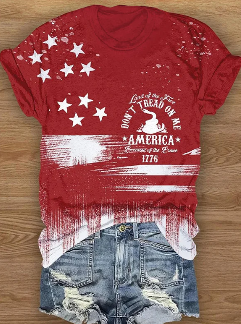 Women's Independence Day American Flag Print Crew Neck T-Shirt