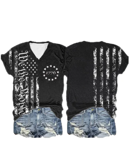 Women's Independence Day We The People 1776 Flag Print V-Neck T-Shirt