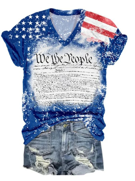 Women's Independence Day We The People 1776 Flag Print V-Neck
