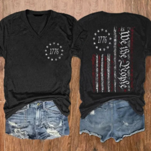 Women’s Independence Day 1776 We The People Flag Print V-Neck T-Shirt