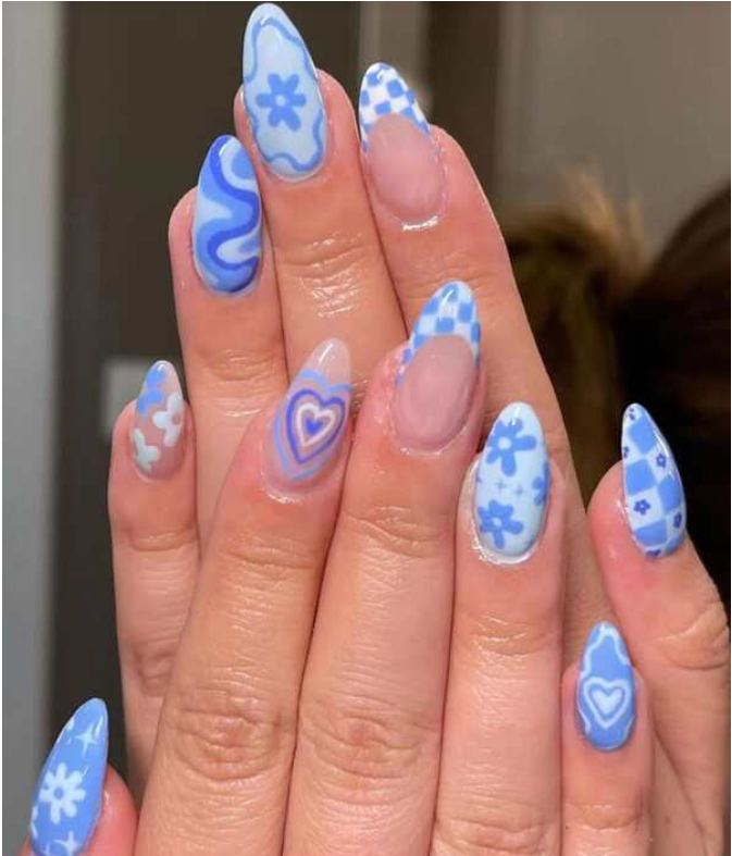 Get Glamorous with 24pcs Long Almond Blue Heart Star Floral Pattern French Fake Nail & 1sheet Tape & 1pc Nail File
